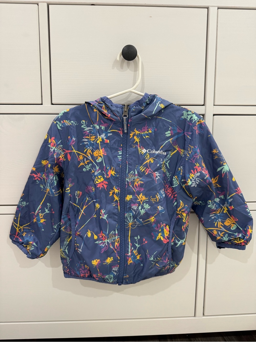 Columbia Navy Floral Hooded Raincoat with Multicolor Blooms